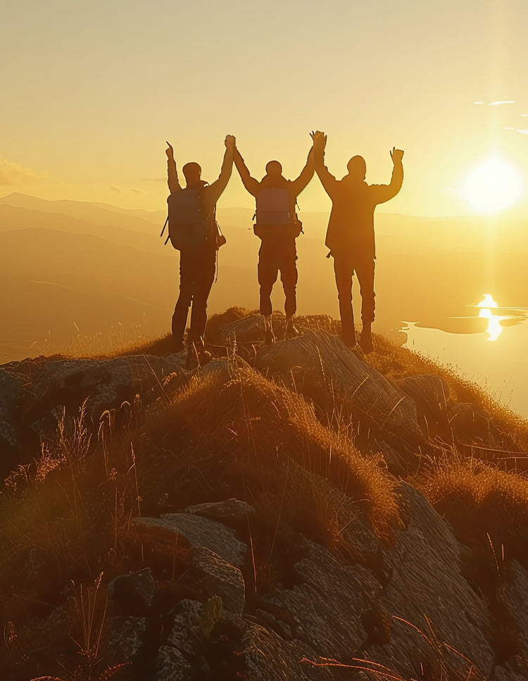 Three silhouetted figures with raised arms on a mountain peak at sunset, symbolizing achievement and the opportunity to build a business with No.624.