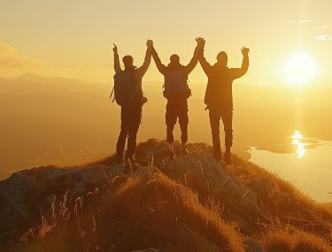 Three silhouetted figures with raised arms on a mountain peak at sunset, symbolizing achievement and the opportunity to build a business with No.624.