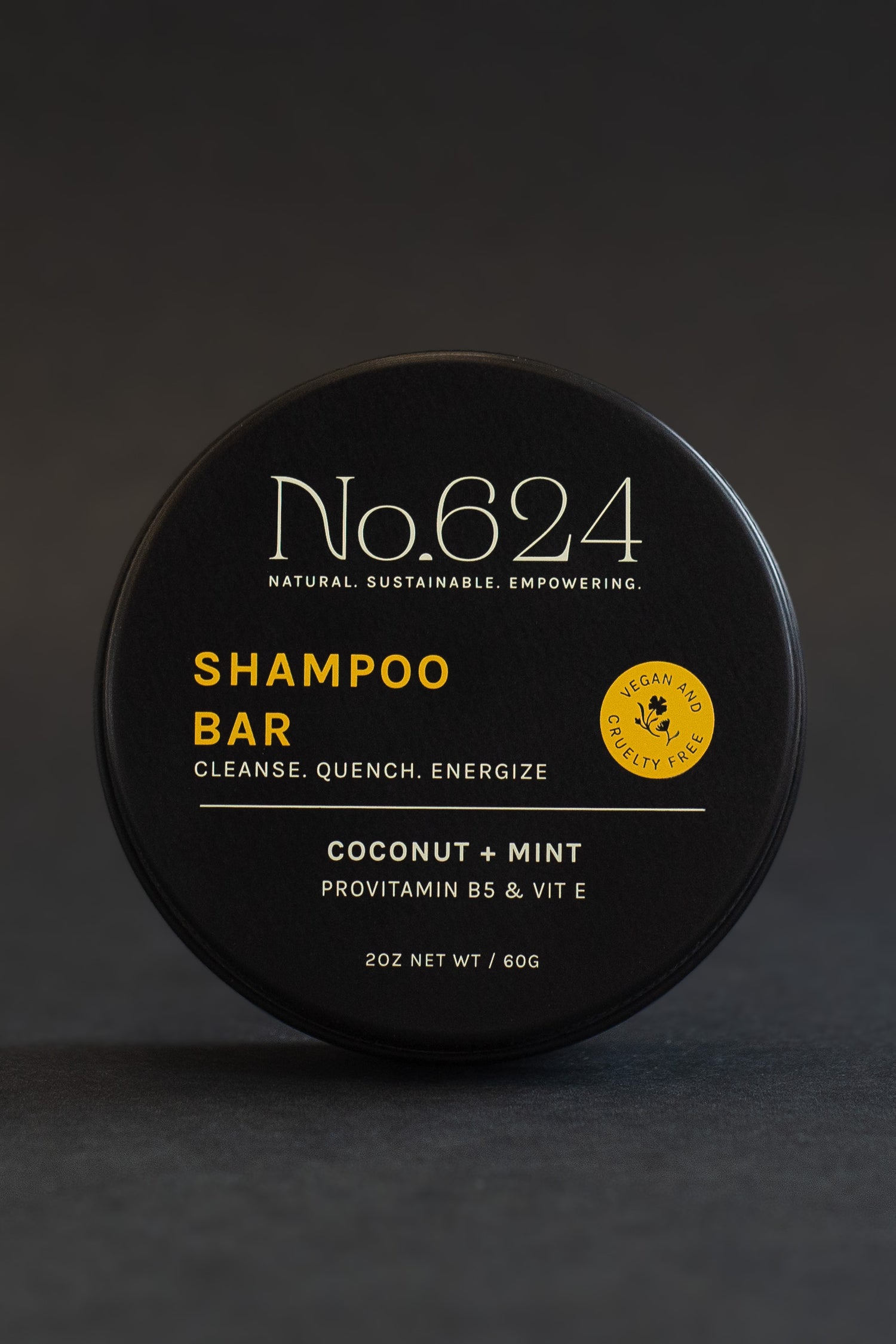 A container of the No.624 shampoo Bar with coconut and mint, representing an eco-friendly and plastic-saving hair care alternative.
