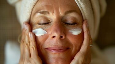A woman with a peaceful expression, enjoying a relaxing skincare routine that embodies the brand's focus on stress reduction and a healthier lifestyle.
