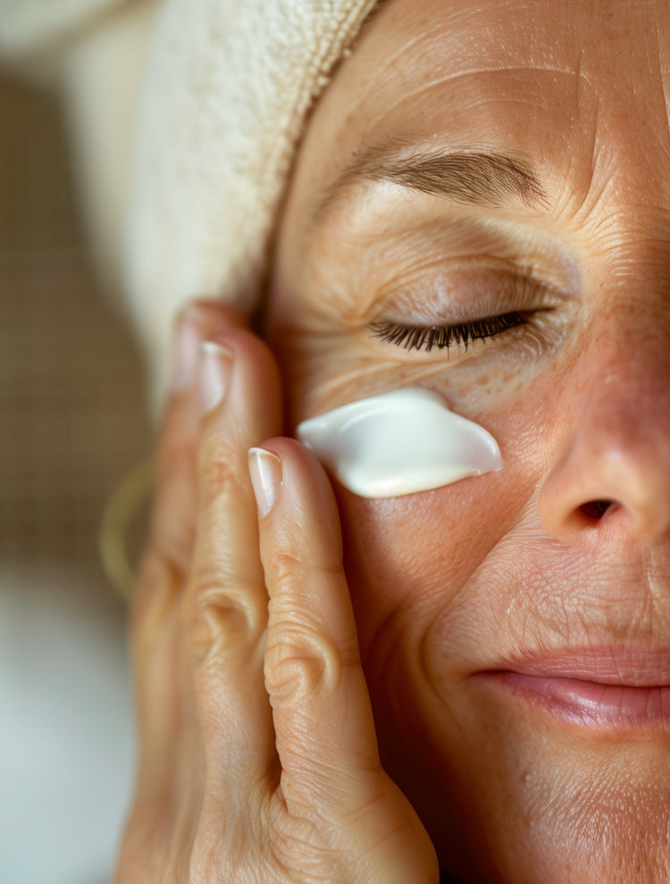 A woman with a peaceful expression, enjoying a relaxing skincare routine that embodies the brand's focus on stress reduction and a healthier lifestyle.