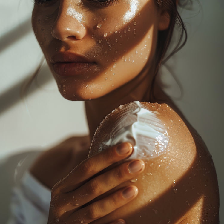 A woman with a peaceful expression, enjoying a relaxing skincare routine that embodies the brand's focus on stress reduction and a healthier lifestyle.
