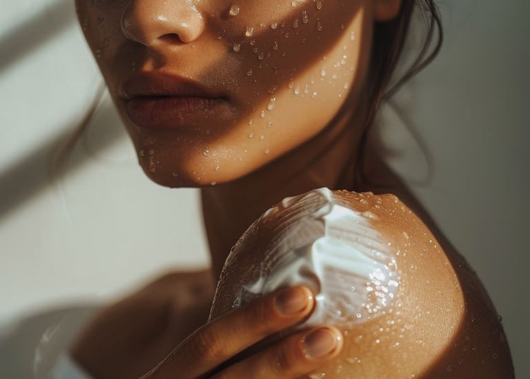 A woman with a peaceful expression, enjoying a relaxing skincare routine that embodies the brand's focus on stress reduction and a healthier lifestyle.